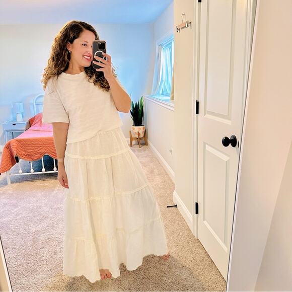 CP Shades Dresses & Skirts - Vintage CP SHADES Cream White Metallic Linen Tiered Maxi Skirt XL